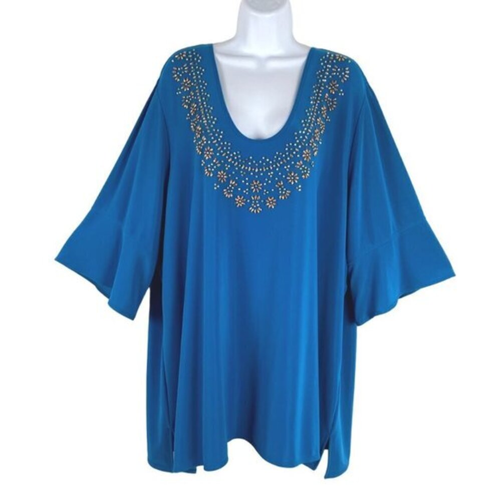Susan Graver Style Top Women's P3X Blue Solid Gold Beaded Stretch‎ NWT TP-1912